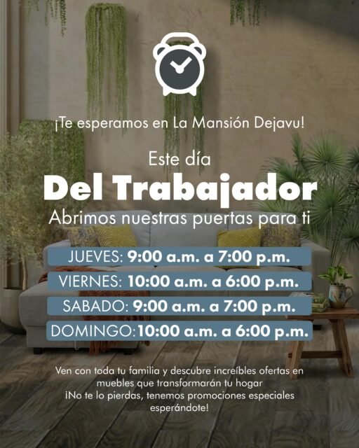 Te esperamos viernes1 de mayo día del trabajador aquí en la mansión Dejavu🤩

Ven y enamorate de oportunidades irresistibles 🥰🥰 disfruta de la calidad en muebles que mereces en la mansión Dejavu tenemos de todo para ti🤩

Precios NO incluyen ITBMS
Pieza única / oferta validar hasta agotar la existencia

Visítanos en:📍entre la Av. Federico Boyd y Calle 50, Diagonal al Scotiabank, frente a la Fundación Gabriel Lewis Galindo.

Y CONTÁCTANOS a los 📞

Christopher 📲 +507 6948-4846
Edgardo 📲 +507 6944-6091
Anabel 📲 +507 6553-7970
Héctor 📲 +507 6833-1738

#muebles #mueblesconhistoria #panama #decoracion casas furniture decoration pty muebleriapanama mueblespanama